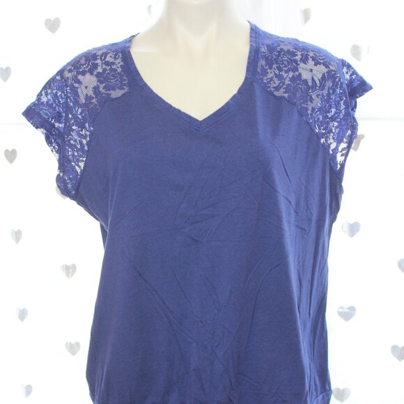 Lane Bryant Tops - #349 Lane Bryant Blue Short-Sleeve Dressy Shirt with Lace Sleeves Size 14/16